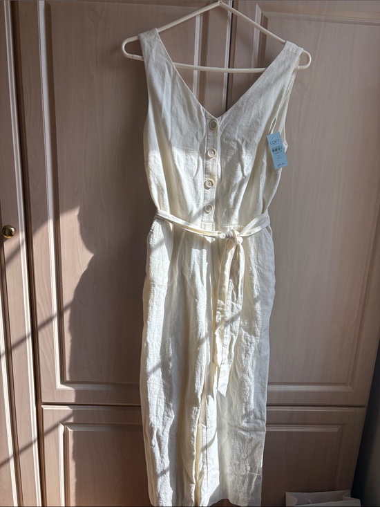 LOFT Dresses & Skirts - LOFT Cream Button-Front Linen Midi WIDE LEG JUMPSUIT Waist Tie NWT